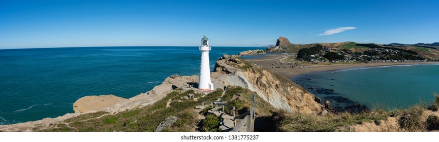 Panoramic view of the Castlepoint Lighthouse in the Wairarapa, New Zealand