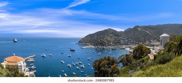 Panoramic view of Catalina Island Bay and Avalon city in California. Famous resorts and travel tourism attraction. - Powered by Shutterstock