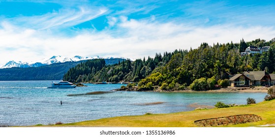 Panoramic View Of A Catamaran Entering The Port Of Pañuelo In Bariloche, Argentina. Size 11300x5200