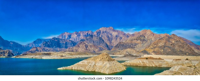 Panoramic view of catchment area of Wadi Dayqah Dam, Quriyat, Muscat, Oman