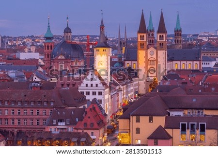 Panoramic view of the cathedral, clock tower and historic city center in Wurzburg, Bavaria, Germany.