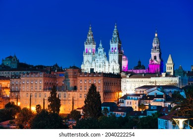 panoramic view of the cathedral of Santiago de Compostela in Spain - blue hour.