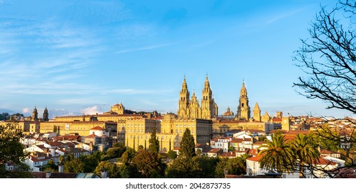 panoramic view of the cathedral of Santiago de Compostela in Spain - golden hour
				