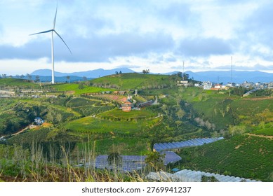 Panoramic view of Cau Dat tea hills