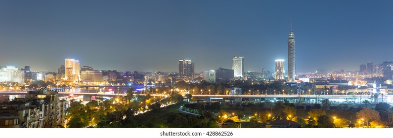 Panoramic view of central Cairo skyline at night.