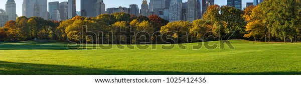 朝早い日差しの下 セントラルパークサウスシープ牧草地のパノラマ画像 ニューヨーク マンハッタン の写真素材 今すぐ編集