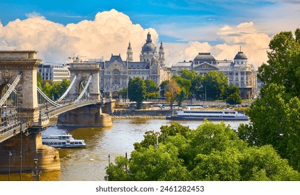 Panoramic view at Chain bridge on Danube river in Budapest city, Hungary. Urban landscape panorama with old buildings and domes of opera budapest - Powered by Shutterstock