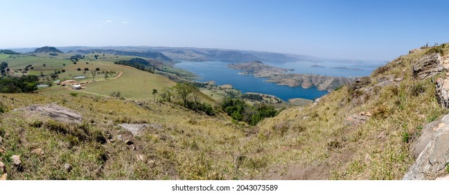 Panoramic view of the Chavantes dam and Hawk Hill in the municipality of Ribeirão Claro, Parana, Brazil, 2021.