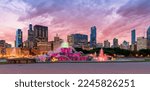 Panoramic view of Chicago City and Buckingham fountain at sunset in Grant Park, Chicago, Illinois.