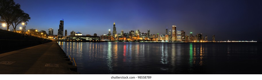 Panoramic View Of Chicago At Dusk - Stitched From Several Images