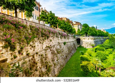 Panoramic view from Citta Alta, old town with the wall of old castle. Bergamo, Lombardy, Italy