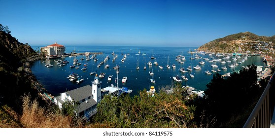 Panoramic view of the city of Avalon in Santa Catalina Island, California. Typical architectural style of the area.