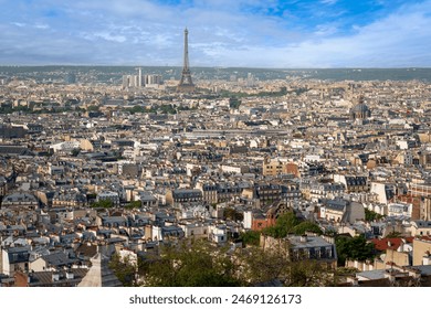 Panoramic view of the city and the Eiffel Tower from the observation deck on the dome of the Basilica of the Sacred Heart of Montmartre on a sunny summer day, Paris, France - Powered by Shutterstock