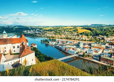 Panoramic view of city of Passau in Lower Bavaria in Germany. Toned image.