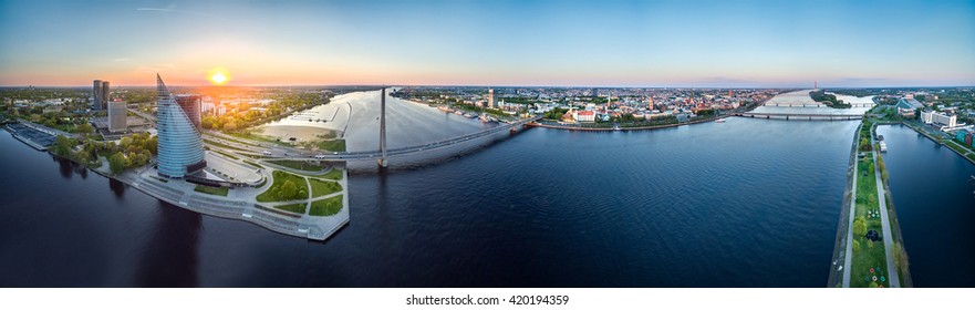 Panoramic View Of City Riga,Latvia During Late Evening Sunset.