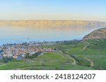 Panoramic view of the city of Tiberias and the Sea of Galilee (the Kinneret) at sunset,Israel