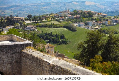 Panoramic view of Civitella del Tronto and part of the walls of its fortress. Abruzzo, Italy.