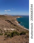 Panoramic view of cliffs and beaches in the Gata Cape Natural Park coast near San José. Almería, Andalucía, Spain.