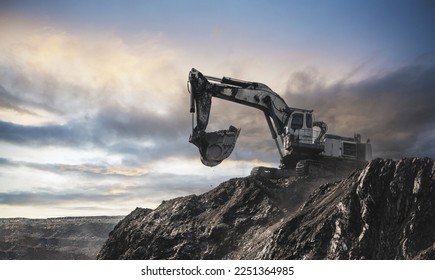 Panoramic view of coal mine. Open pit mine industry, big yellow mining truck for coal quarry. Open coal mining anthracite mining. Pit on coal mining by open way. Rock loading in trucks. Large truck - Shutterstock ID 2251364985