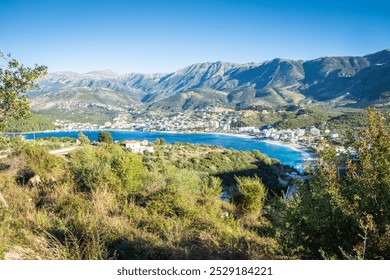 Panoramic view of the coastal town of Himare, Albania on the shores of the Ionian Sea.