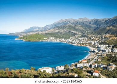 Panoramic view of the coastal town of Himare, Albania on the shores of the Ionian Sea.