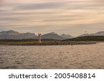 Panoramic view of colony of king cormorants at the lighthouse in Beagle Channel, Patagonia, Tierra del Fuego National Park, summer time, reddish sunset