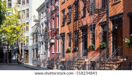 Panoramic view of colorful old buildings along Gay Street in the Greenwich Village neighborhood of Manhattan, New York City NYC