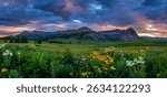 Panoramic view of colorful wildflower meadows around Crested butte with cloudy evening sky