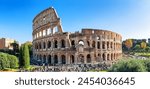 Panoramic view of Colosseum (Coliseum) is one of main travel attraction of Rome, Italy. Panorama of Ancient Roman ruins, landscape of old Rome city.