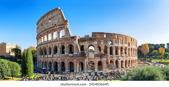 Panoramic view of Colosseum (Coliseum) is one of main travel attraction of Rome, Italy. Panorama of Ancient Roman ruins, landscape of old Rome city. - Powered by Shutterstock