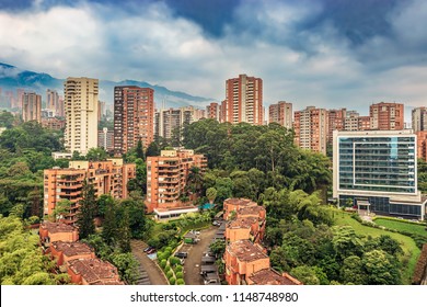 Panoramic View At The Condominium, Apartment Buildings At  Exclusive Area Of Medellin Called El Poblado, Colombia.