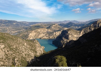 Panoramic view of the Cortes de Pallas II reservoir located between mountains. Valencia - Spain