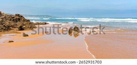 Panoramic view of the Costa Quebrada with huge waves and rock formations in the north of Spain, Cantabria