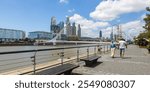 Panoramic view of a couple enjoying a walk on a sunny day in the neighborhood of Puerto Madero, Buenos Aires, Argentina