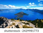 Panoramic view of Crater Lake - the main feature of Crater Lake National Park, the lake partly fills a caldera formed by the collapse of the volcano Mt. Mazama (south-central Oregon, western USA)