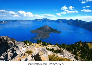 Panoramic view of Crater Lake - the main feature of Crater Lake National Park, the lake partly fills a caldera formed by the collapse of the volcano Mt. Mazama (south-central Oregon, western USA) - Powered by Shutterstock