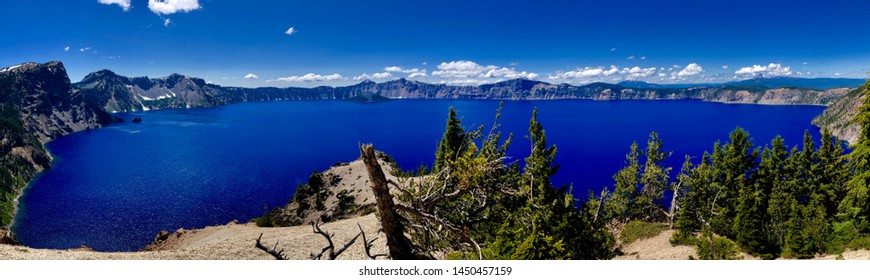 Panoramic View Of Crater Lake National Park From The East Rim Drive In July.