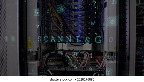 Panoramic view of data server center with warnings of cyber attack from a computer screen.