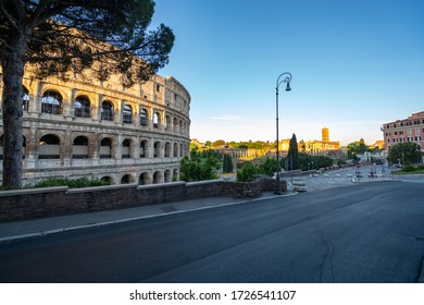 Panoramic View At Dawn Of Coliseum In Rome With Anybody During Covid Emergency