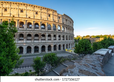 Panoramic View At Dawn Of Coliseum In Rome With Anybody During Covid Emergency