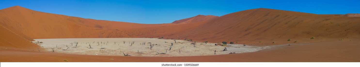Panoramic view of dead vlei, a dried out valley filled with ancient dead trees at Sossusvlei, Namib desert, Namibia