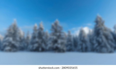 A panoramic view of a dense forest with pine trees heavily laden with snow, set against a bright, clear blue sky.