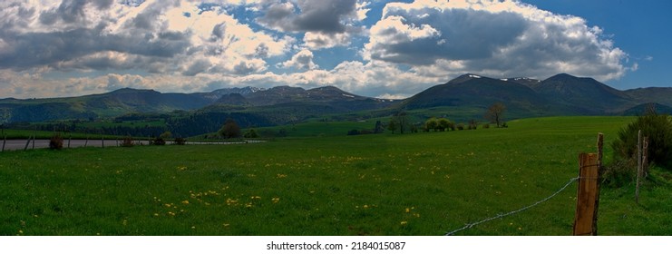 Panoramic View Of The Chaîne Des Puys Du Sancy In Summer. Auvergne, France