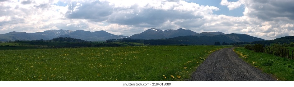 Panoramic View Of The Chaîne Des Puys Du Sancy In Summer. Auvergne, France