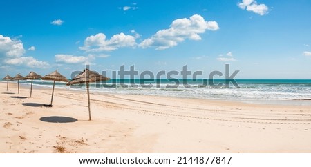 Panoramic view of a deserted beautiful mediterranean beach in Tunisia.