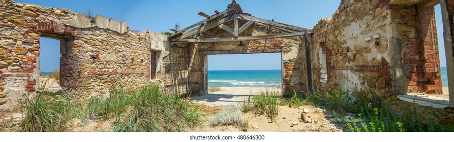 Panoramic View of Desolated Structure by the Sea