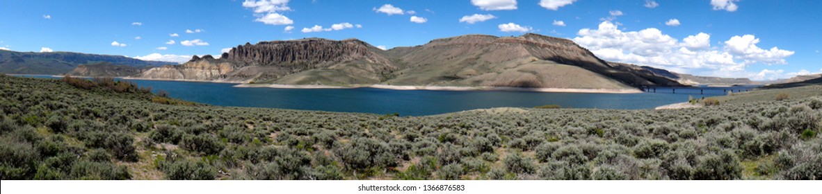 Panoramic view of the Dillon Pinnacles and the Blue Mesa Reservoir at Curecanti National Recreation Area in Gunnison, Colorado