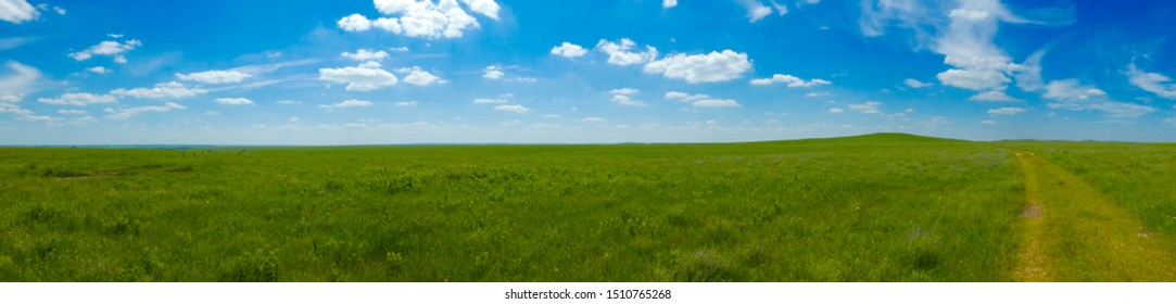 Panoramic View Of A Dirt Trail At The Tallgrass Prairie National Preserve In Kansas.