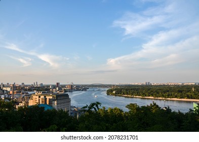 Panoramic view of Dnipro river and the historic district Podil during sunset. Kyiv, Ukraine - Shutterstock ID 2078231701