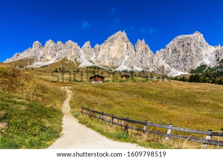 Panoramic view of Dolomite peaks of Pizes da Cir, Passo Gardena at Autumn, South Tyrol, Italy. Gardena Pass, Trentino Alto Adige, Italy. Passo Gardena, alpine pass between Val Badia and Val Gardena.
